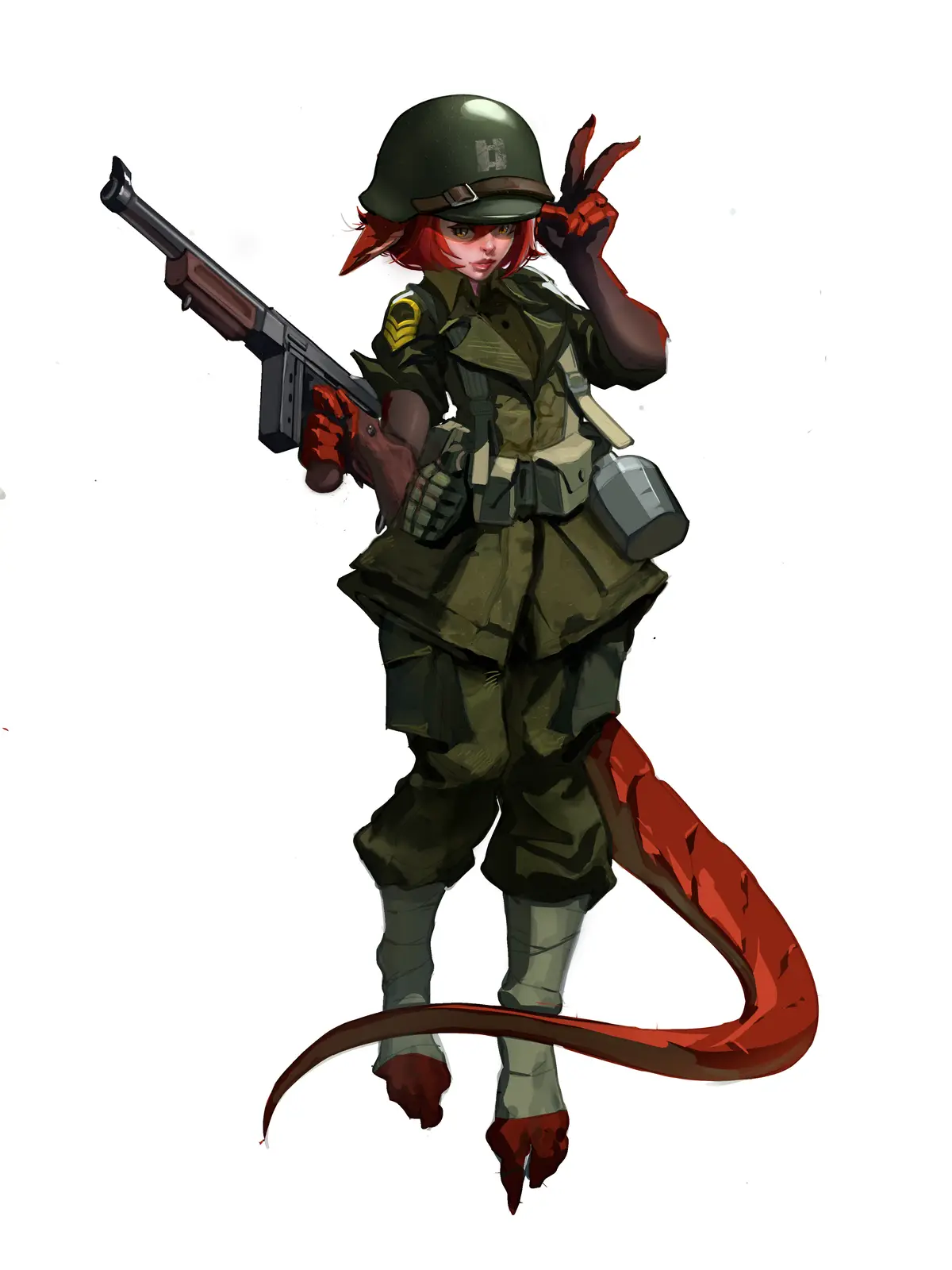An anime-style female soldier with red hair, pointed ears, and a long red tail, wearing green military gear and holding a…