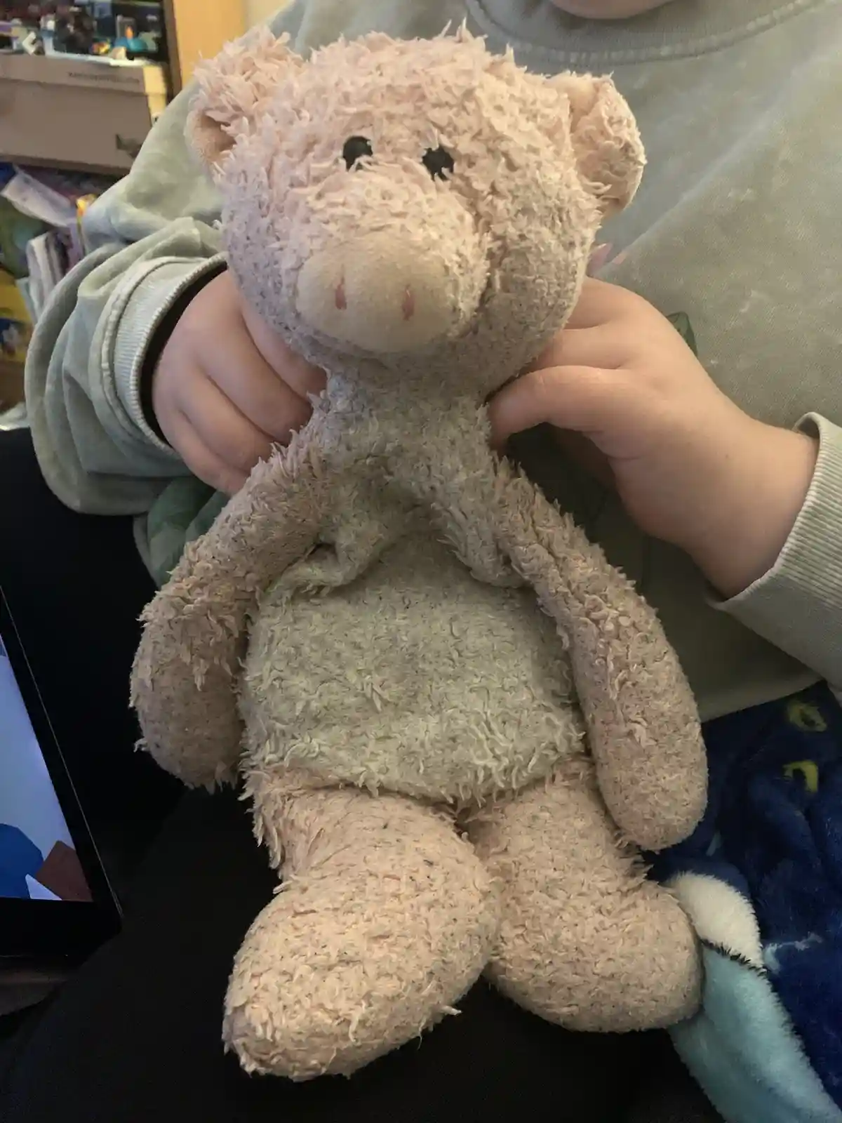 A child in a light green sweatshirt holds a very worn, frayed, light-brown teddy bear with black button eyes and pink…