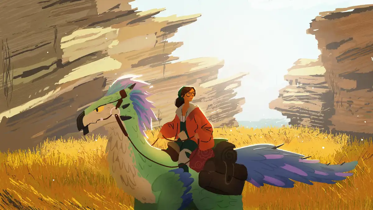 A person with glasses and a red jacket rides a green, winged creature through a golden field between rocky cliffs. The…