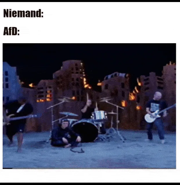 A six-panel meme grid showing a band performing in a ruined cityscape, with text overlays from the song 'I'm a Liar' by The…