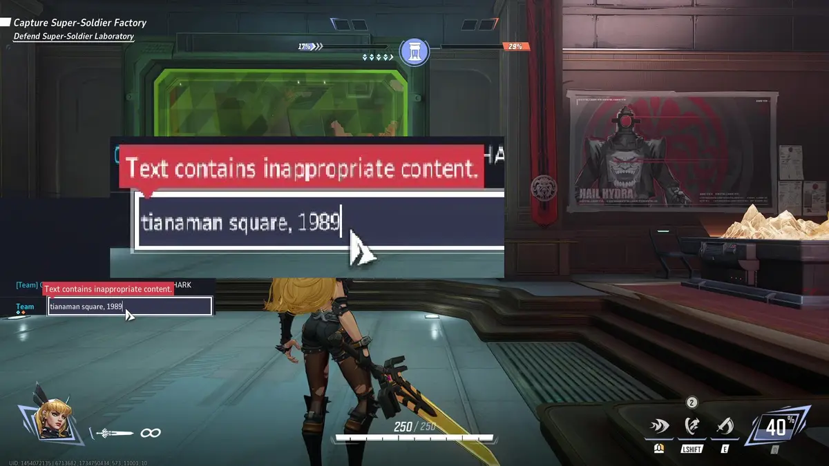 A screenshot from a video game shows a text input box with the phrase 'tianaman square, 1989' typed in, immediately followed…