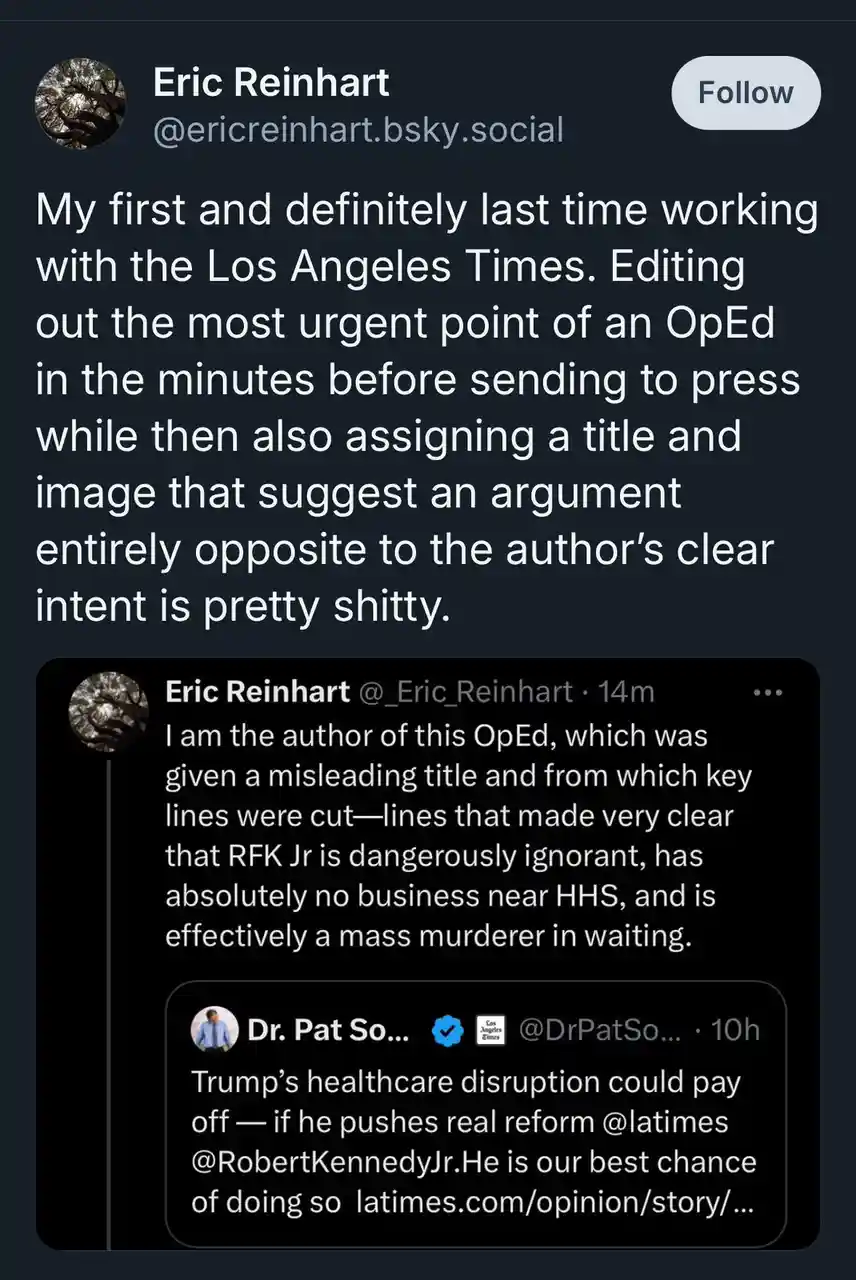 A screenshot of a social media thread shows Eric Reinhart criticizing the Los Angeles Times for editing his Op-Ed and…