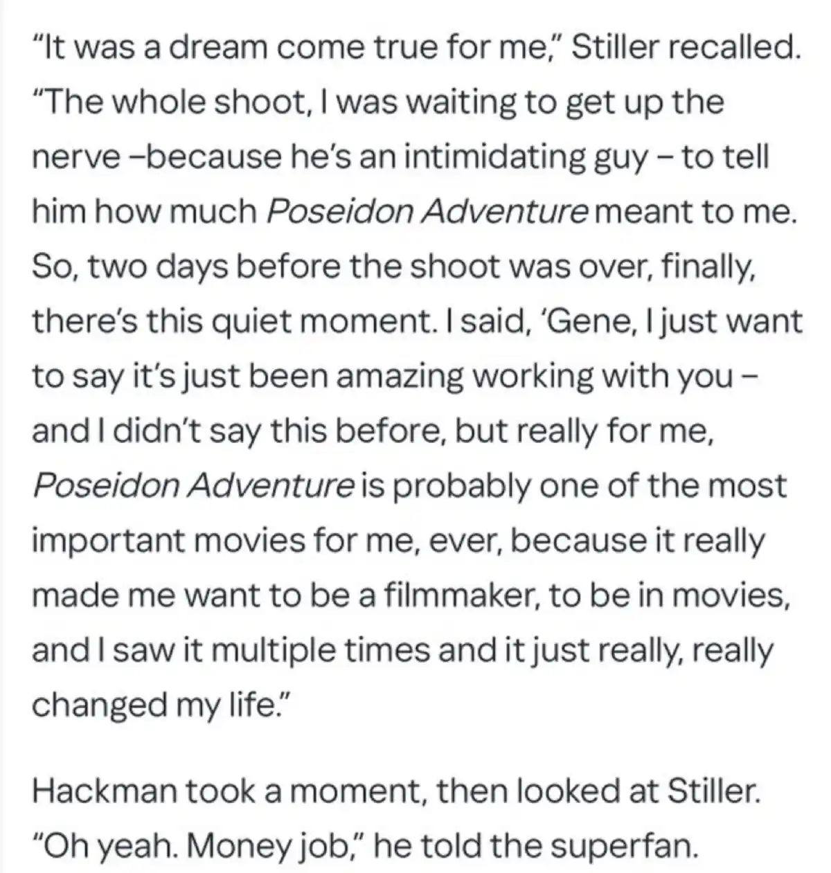 The image displays a block of text from an interview where Ben Stiller recounts how he was moved by working with Gene…