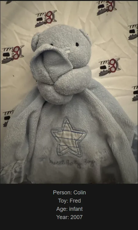 A light gray plush teddy bear toy, named Fred, is shown with its head wrapped in a towel, lying on a patterned blanket. The…