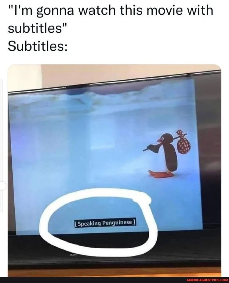 A screenshot of a TV screen showing the animated penguin character Pingu standing on ice, holding a bag and a tool. A white…