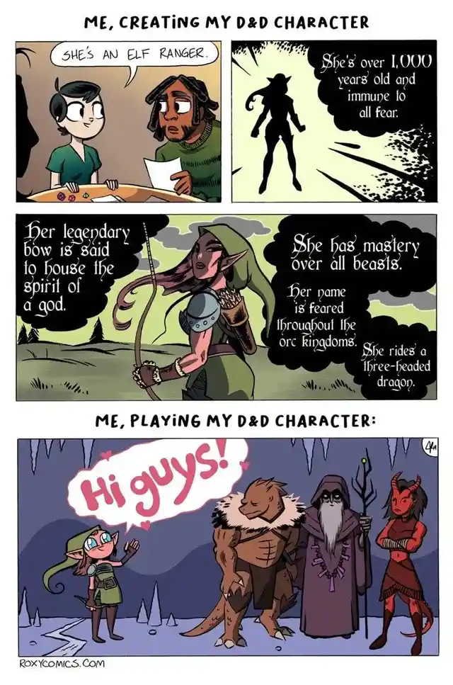 A comic strip shows a player imagining an epic D&D elf ranger character with supernatural powers and mythical traits, then…