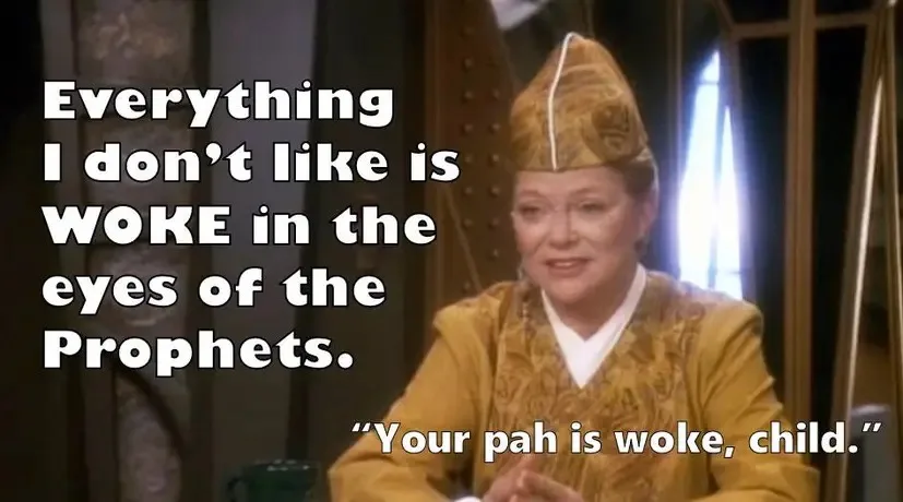 A still image of a woman in a golden robe and pointed hat, likely from a fantasy or sci-fi show, with overlaid white text…