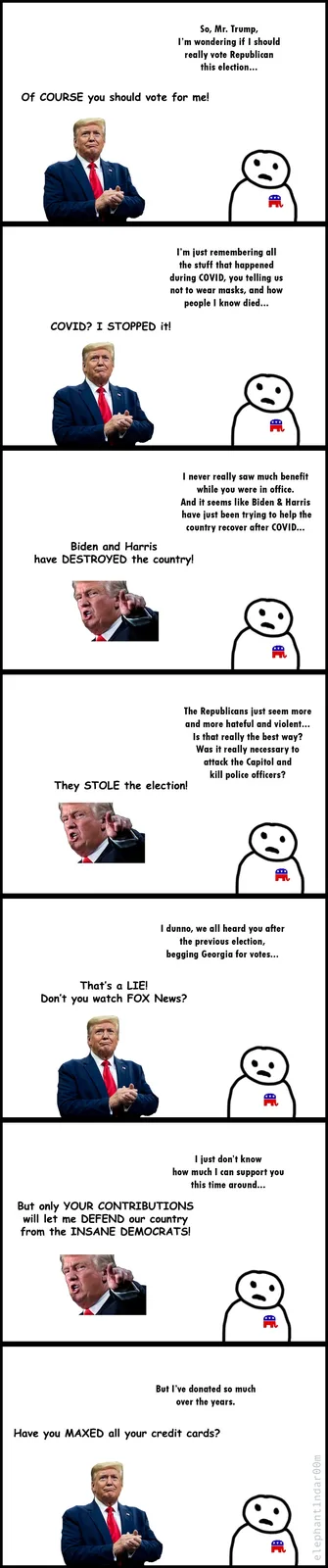 A six-panel comic strip featuring Donald Trump and a generic Republican supporter. The supporter questions Trump's…