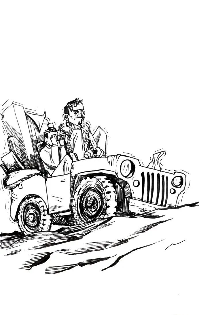 A black-and-white sketch shows a man with a bandaged head and fur collar driving a rugged jeep, while a passenger in the…