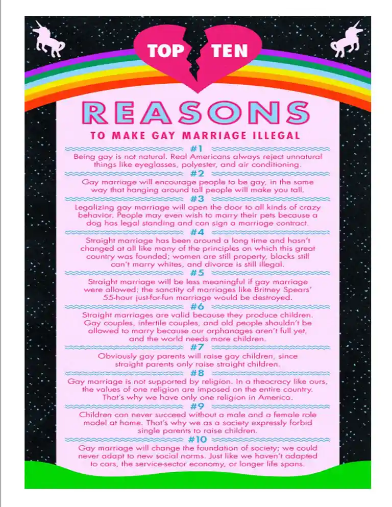A pink and rainbow-themed 'Top Ten' list titled 'REASONS TO MAKE GAY MARRIAGE ILLEGAL' with ten satirical, absurd, and…