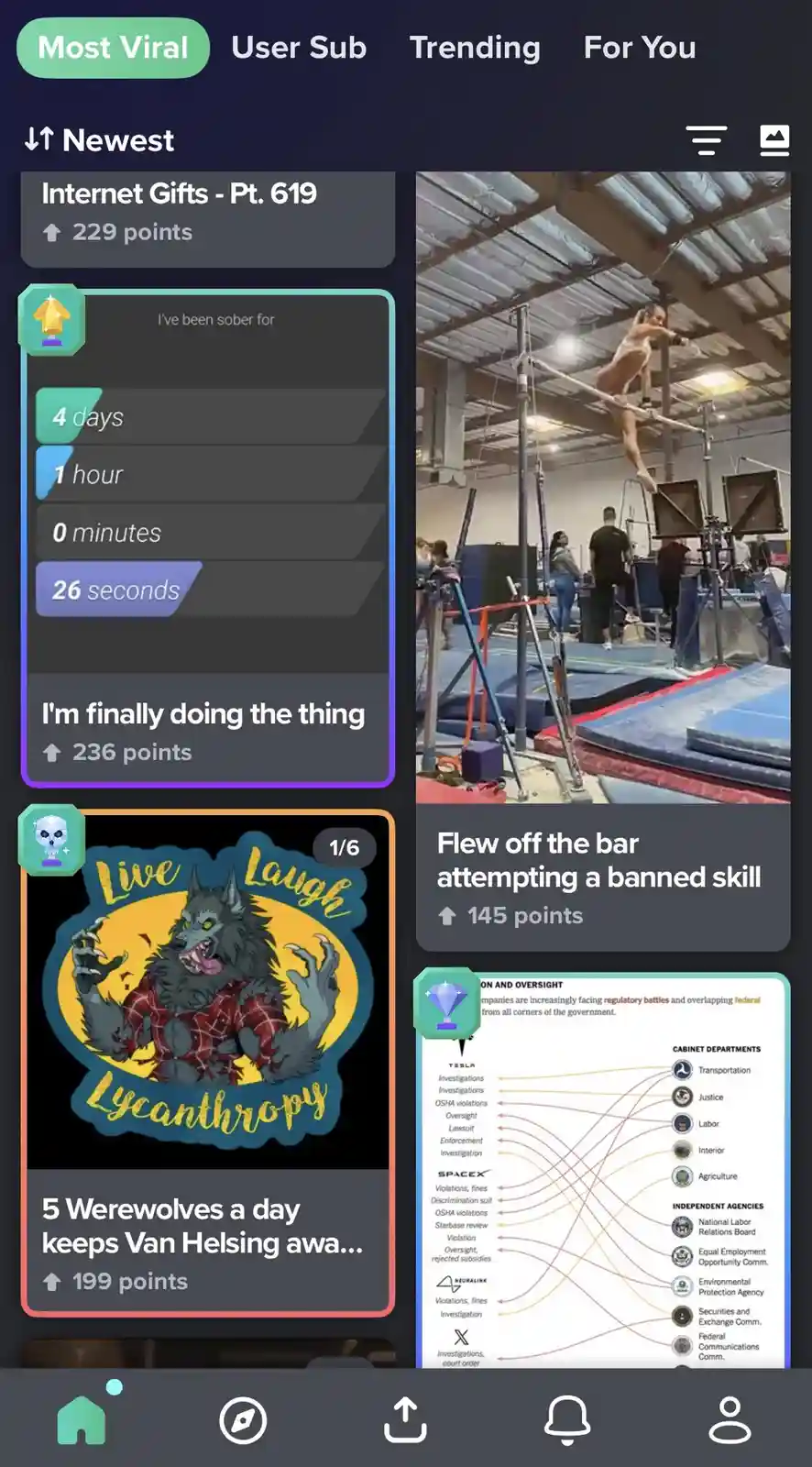 A screenshot of a social media feed shows a gymnast mid-air after falling off the high bar in a gym. The overlaid text reads…