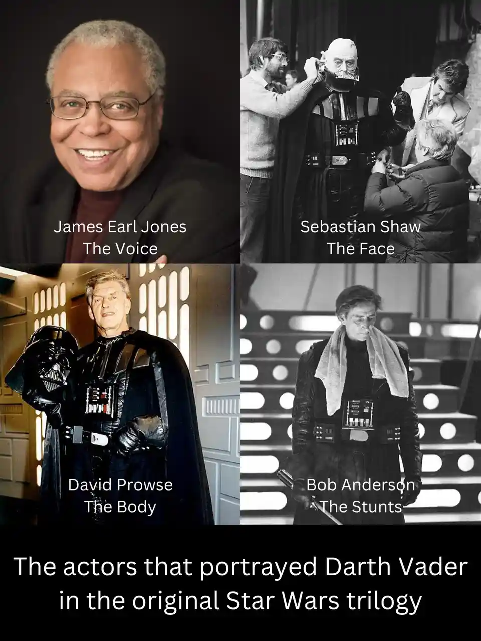 A four-panel image showing the different actors behind Darth Vader's iconic role: James Earl Jones (The Voice), Sebastian…