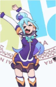 Six panels show an anime girl with blue hair and a purple outfit in various poses, starting with energetic and ending with…