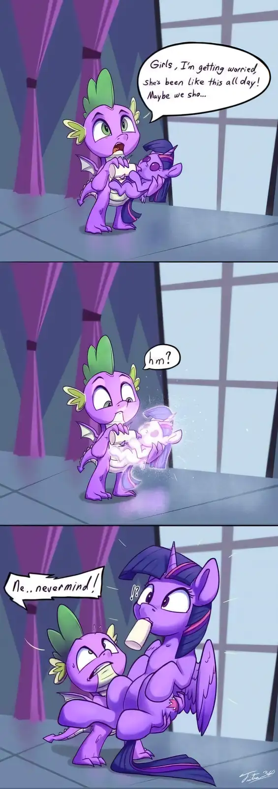 A three-panel comic shows a purple dragon holding a purple pony. In the first panel, the dragon says, 'Girls, I'm getting…