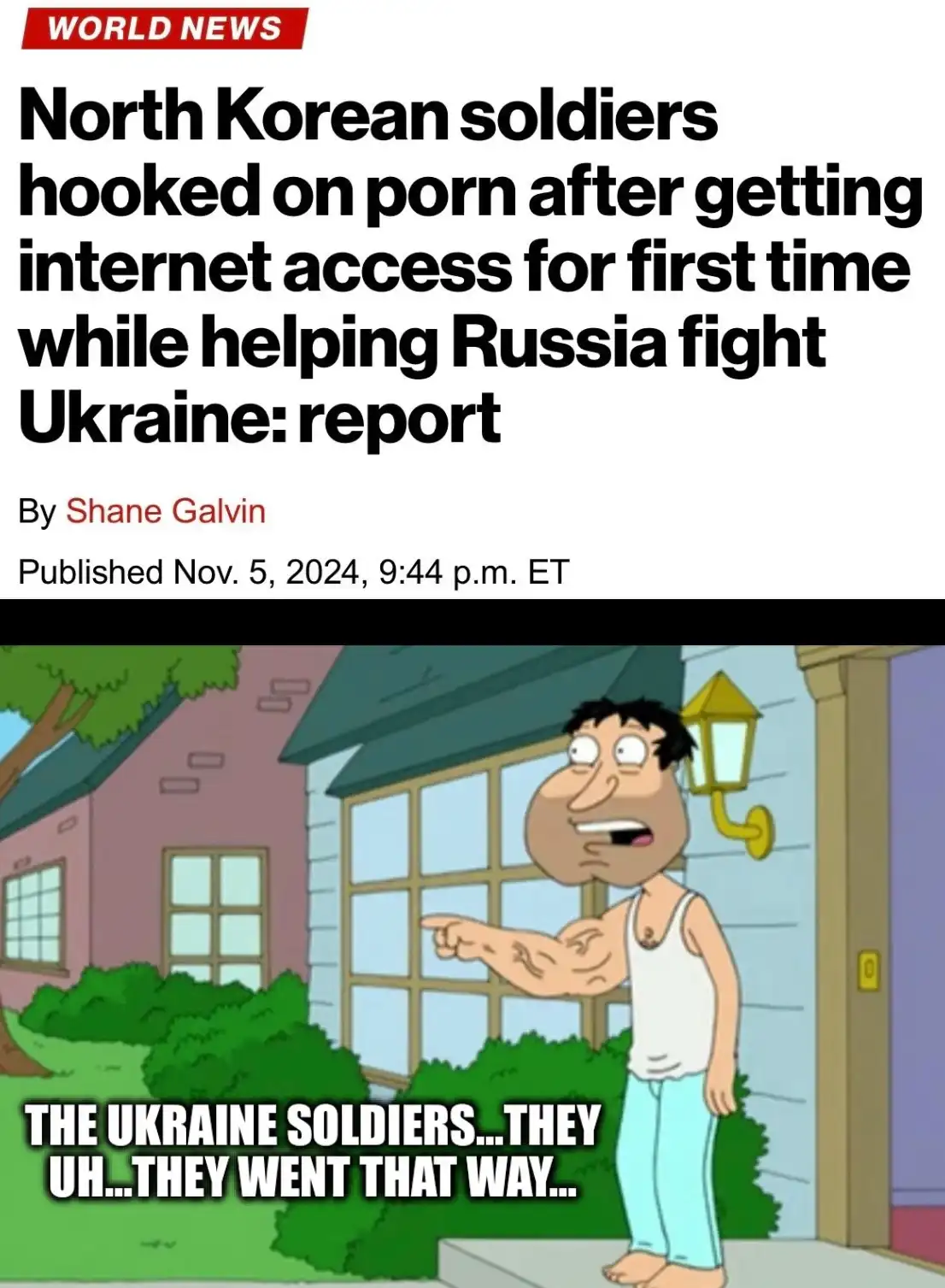 The image displays a fake news article header with the headline 'North Korean soldiers hooked on porn after getting internet…