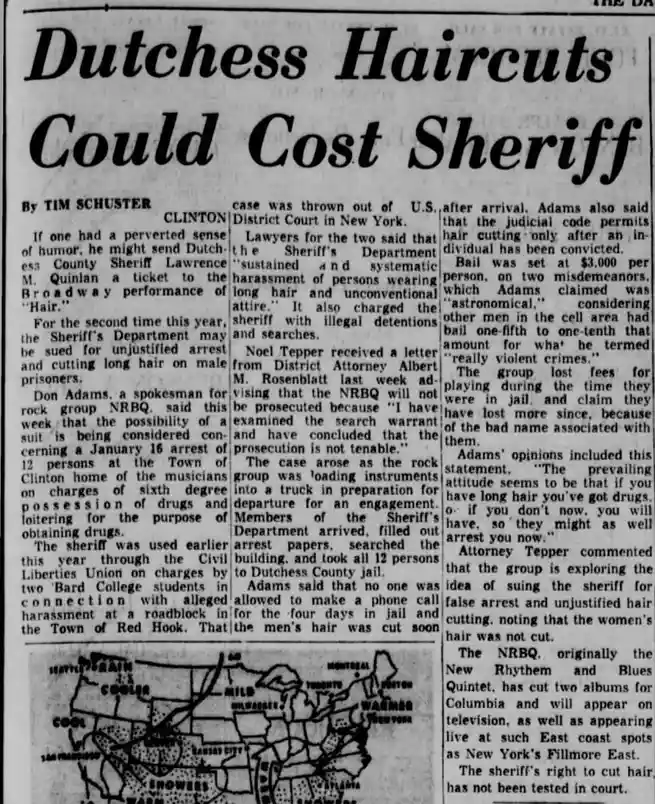 A newspaper clipping from 'The Daily' shows a headline about Dutchess County Sheriff Lawrence M. Quinlan being sued for…