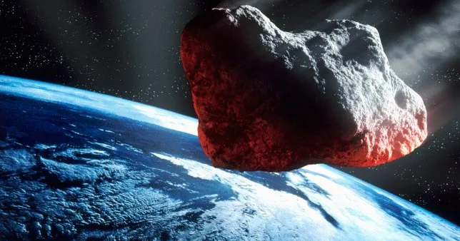 A large, irregularly shaped asteroid with a reddish glow on its surface looms menacingly over the curved horizon of Earth…