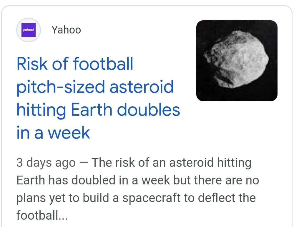 A screenshot of a Yahoo news article with a black-and-white image of a rocky asteroid on the right. The headline reads 'Risk…
