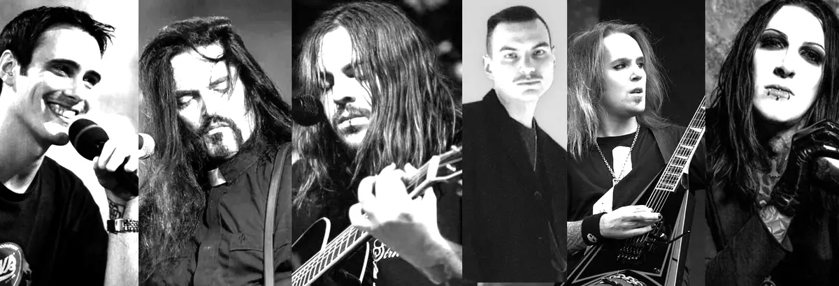 A black-and-white collage of six men, likely musicians, arranged side-by-side. The first man smiles while holding a…