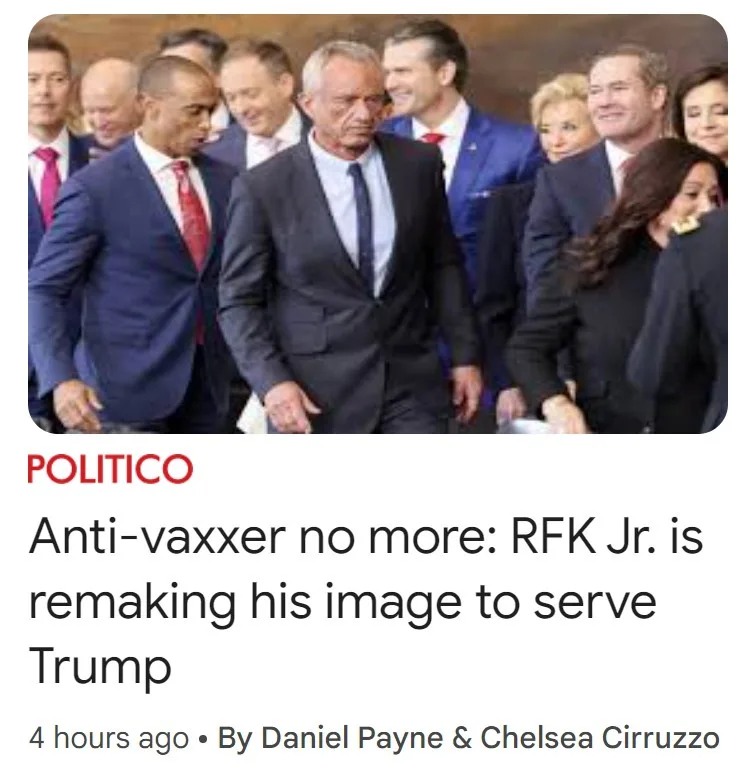 A photo shows Robert F. Kennedy Jr. walking among a group of smiling people in formal suits and ties. The image is overlaid…