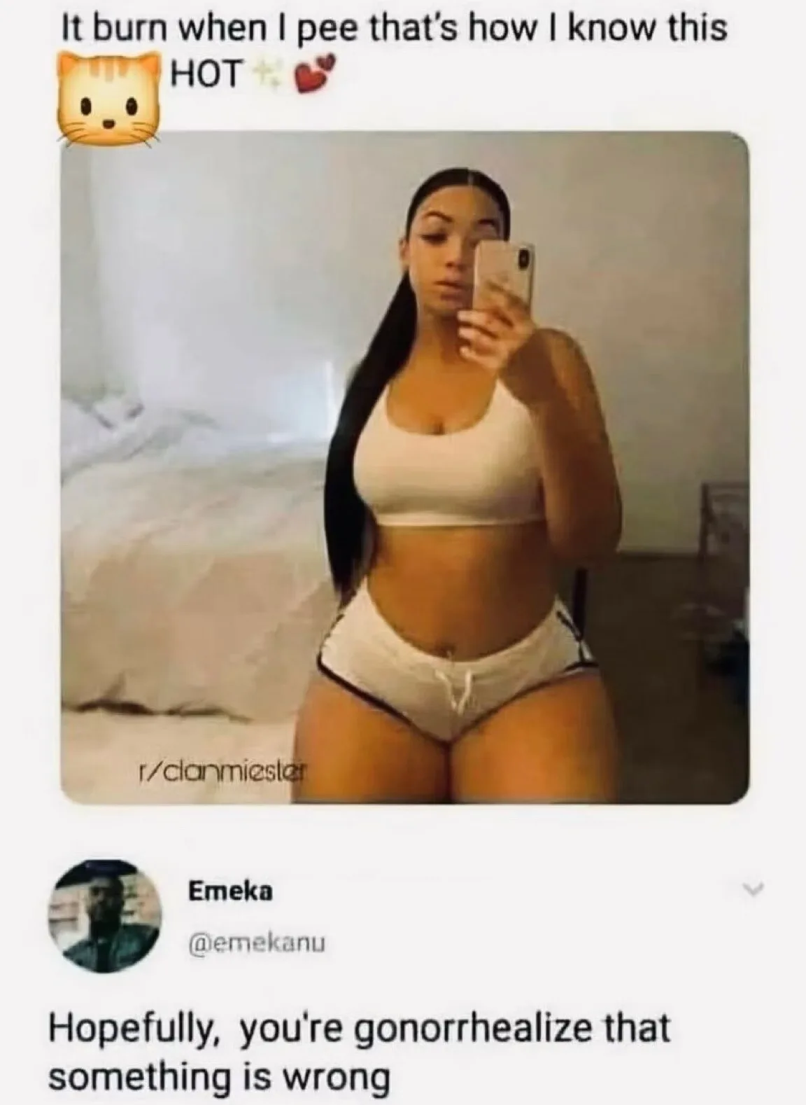 A screenshot of a social media post shows a woman taking a mirror selfie in white underwear and a sports bra. The overlaid…