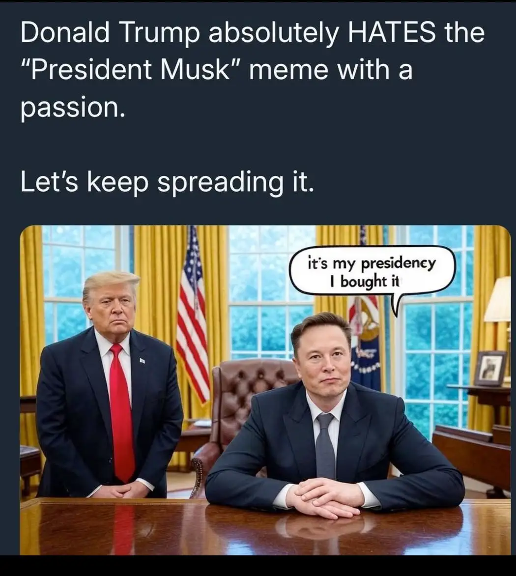The image shows Donald Trump standing with a stern expression beside Elon Musk, who is seated at a desk in an office…