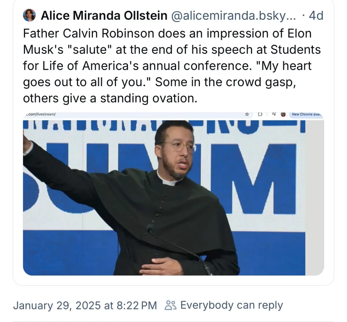 A screenshot of a social media post by Alice Miranda Ollstein showing Father Calvin Robinson, a man in a black clerical…
