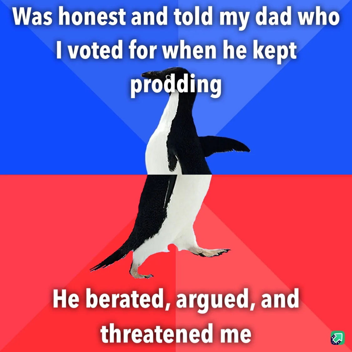 A penguin stands centered against a red and blue background, with white text overlaid in two sections. The top text reads…