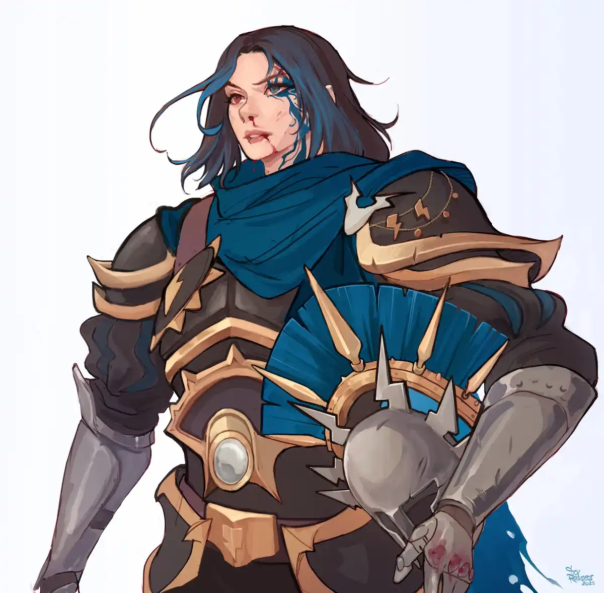A female fantasy warrior with dark blue hair and battle scars, wearing ornate black and gold armor and a blue scarf, holds a…