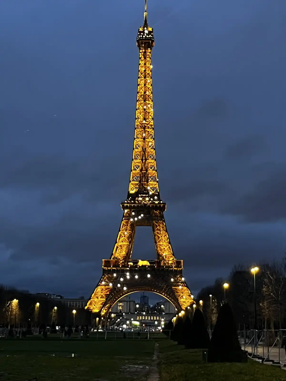 The Eiffel Tower is illuminated in golden lights against a dark, cloudy twilight sky. The foreground shows a grassy area…