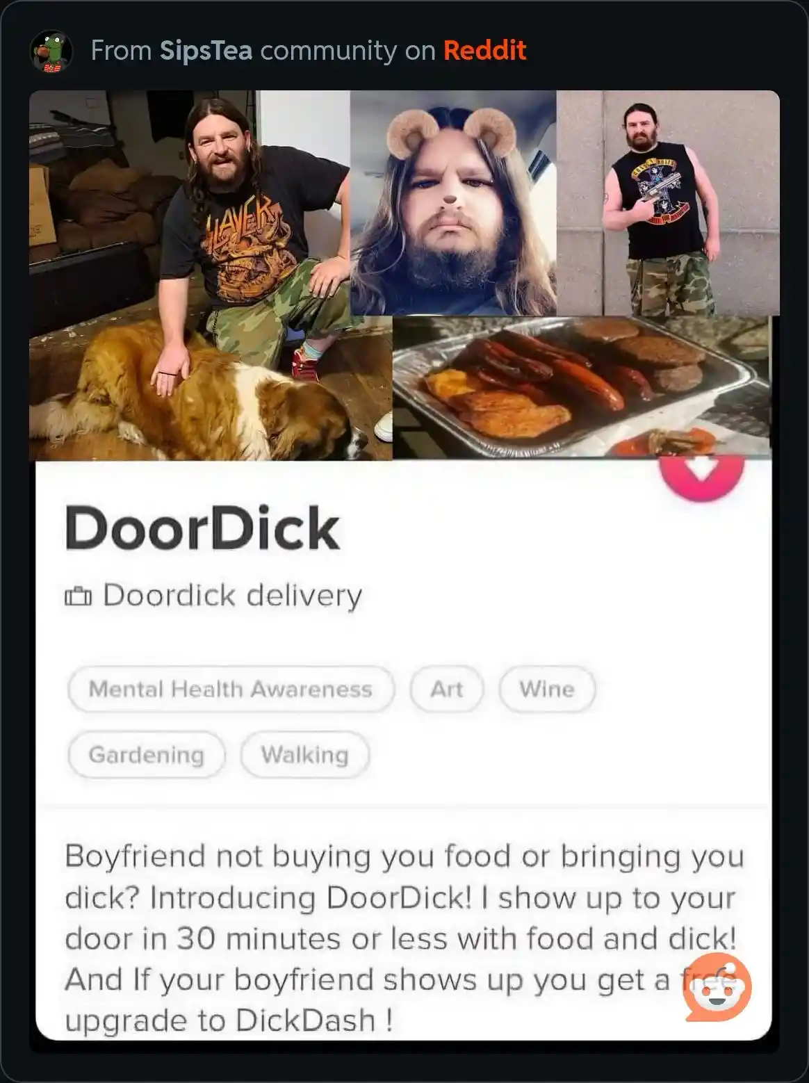 A collage of four photos of a man with long hair and a beard, including one with bear ears, next to a photo of a cooked…