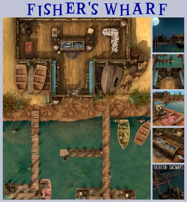 An overhead view of a detailed wooden fishing wharf with boats, crates, and fish displays, surrounded by water and docks…