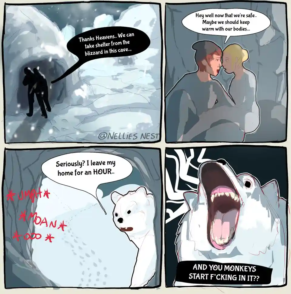 A four-panel comic shows two people entering a snowy cave, then getting intimate. A surprised white fox appears, complaining…