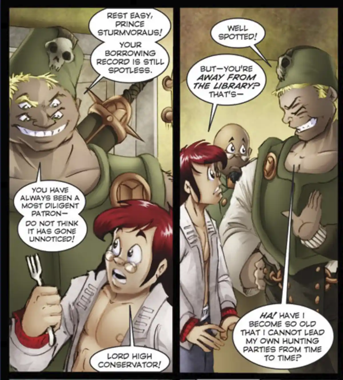 A two-panel comic strip featuring a muscular, skull-adorned librarian praising a young, red-haired patron named Prince…