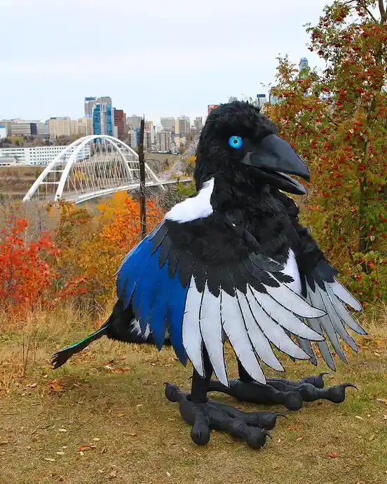 A person in a large, detailed costume of a magpie stands on grass with autumn foliage and a city skyline with a white arched…