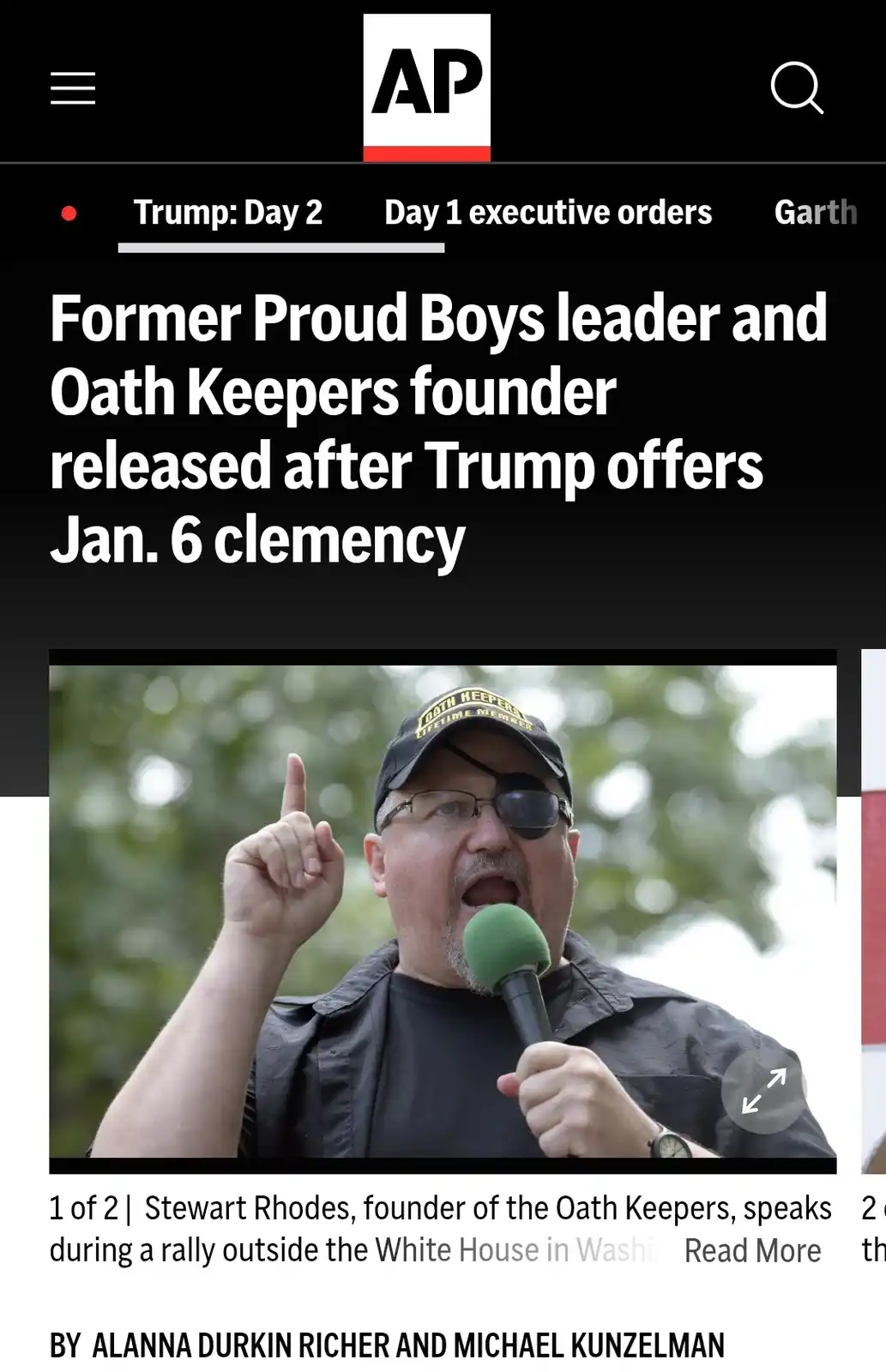 A screenshot of an Associated Press news article shows a man wearing a black 'Oath Keepers Lifetime Member' cap, glasses…