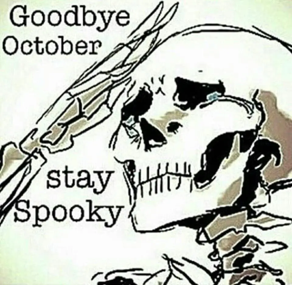 A hand-drawn illustration of a crying skull with tears streaming down its face, overlaid with the text 'Goodbye October' at…