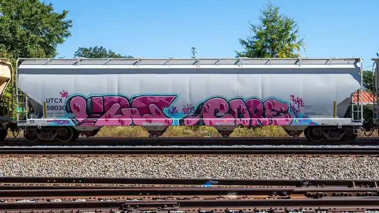 A silver freight train car with large pink and black graffiti reading 'QZAX CARS' is parked on railway tracks under a clear…