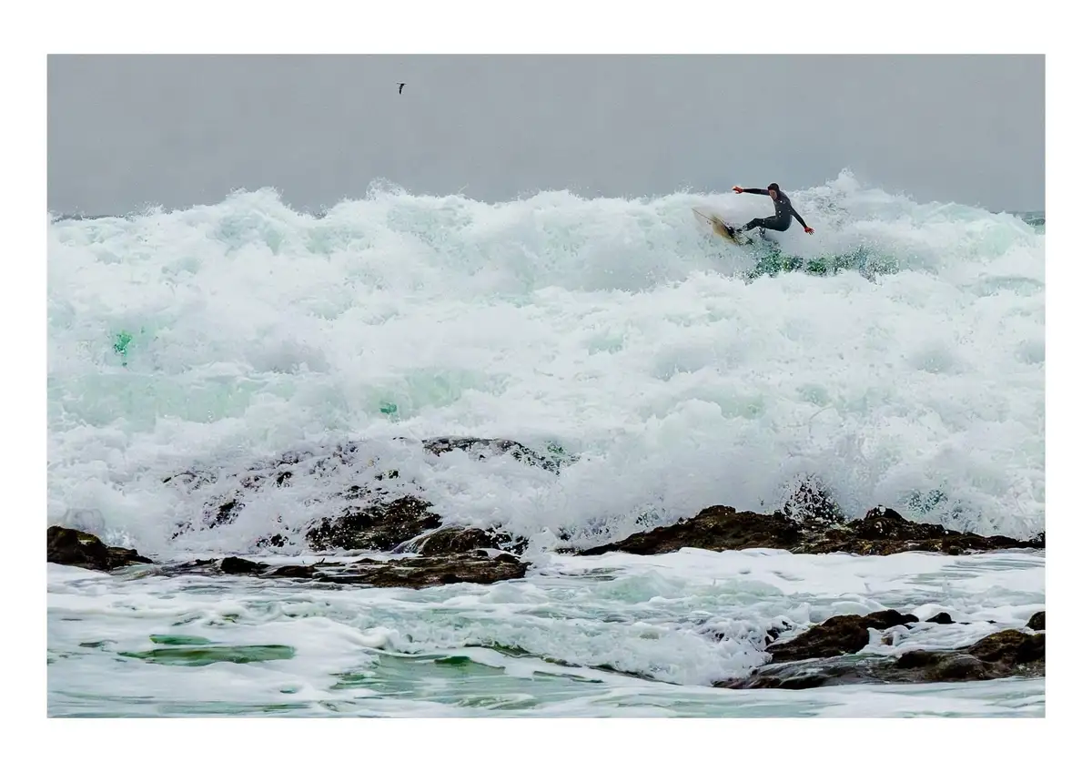 A surfer in a dark wetsuit rides a large, foamy ocean wave near rocky shorelines under an overcast sky, with a single bird…