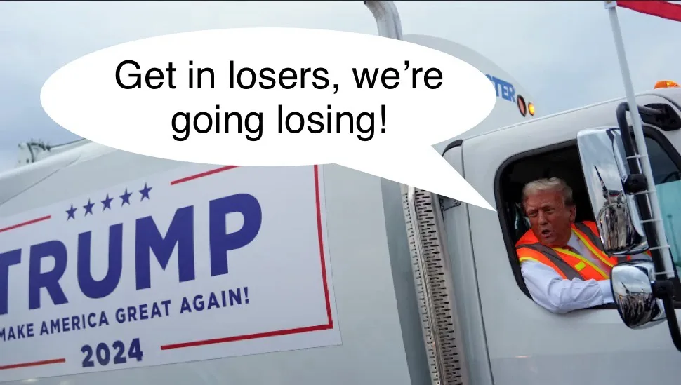 A man, identified as Donald Trump by the 'TRUMP MAKE AMERICA GREAT AGAIN! 2024' campaign banner on the side of a large white…