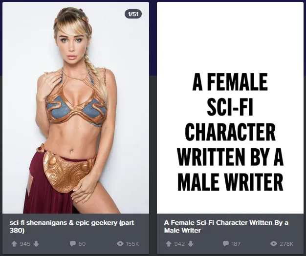 The image displays a split-screen layout. On the left, a woman in a revealing sci-fi costume with a gold and blue bra top…