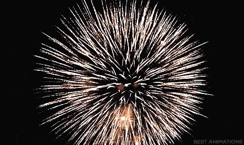 The image displays six sequential frames of golden fireworks exploding against a black night sky, arranged in two rows of…
