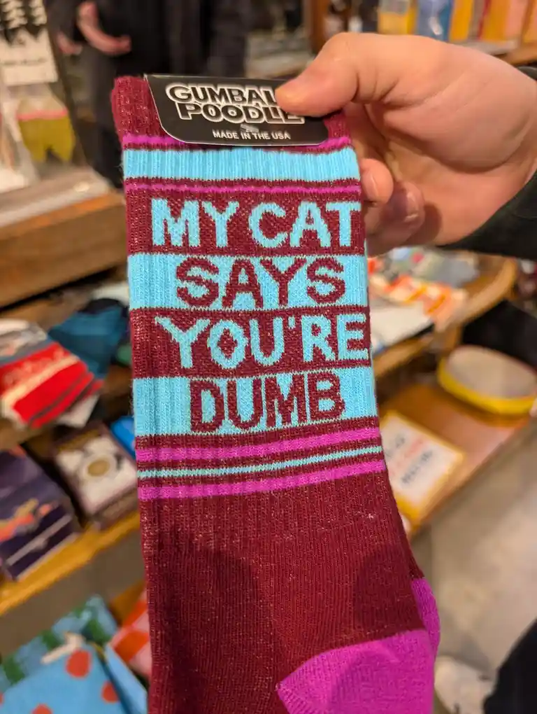 A hand holds up a maroon, pink, and light blue striped sock with the text 'MY CAT SAYS YOU'RE DUMB' knitted in large…
