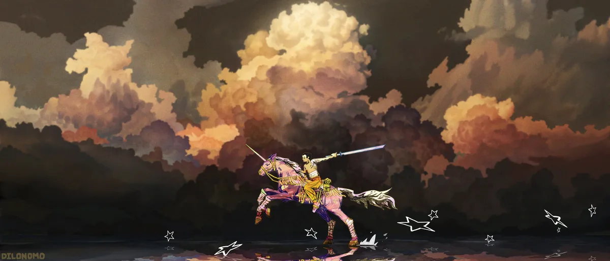 An anime-style illustration shows a shirtless man riding a pink unicorn across a reflective surface under a dramatic, cloudy…