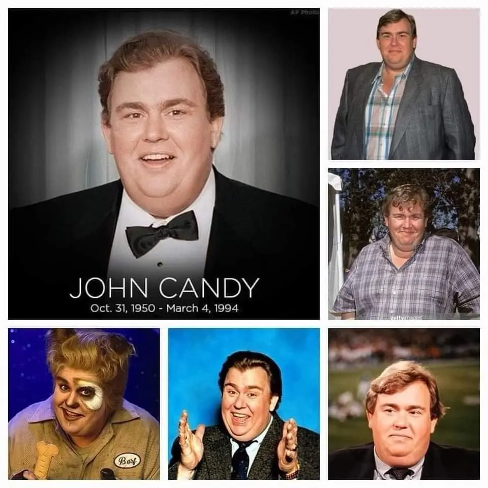 A collage of six photos of actor John Candy, including a formal portrait with his name and lifespan, casual photos, and…
