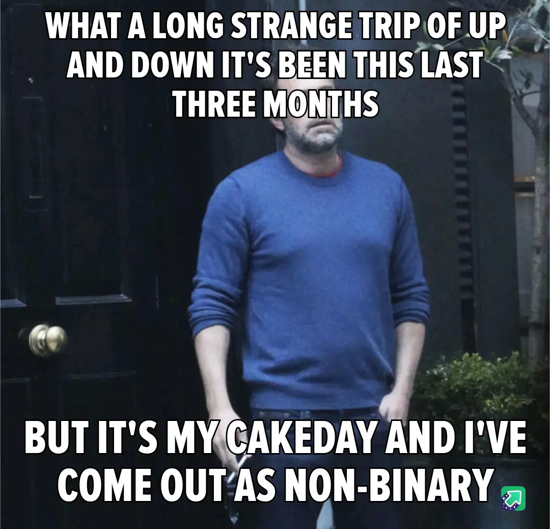 A man in a blue sweater stands in front of a dark door with a gold doorknob, looking weary and resigned. White bold text…