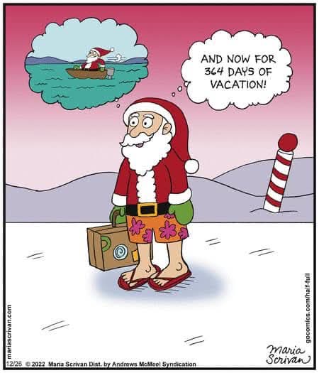Santa Claus stands on a snowy beach wearing flip-flops, floral shorts, and holding a suitcase, with a thought bubble showing…
