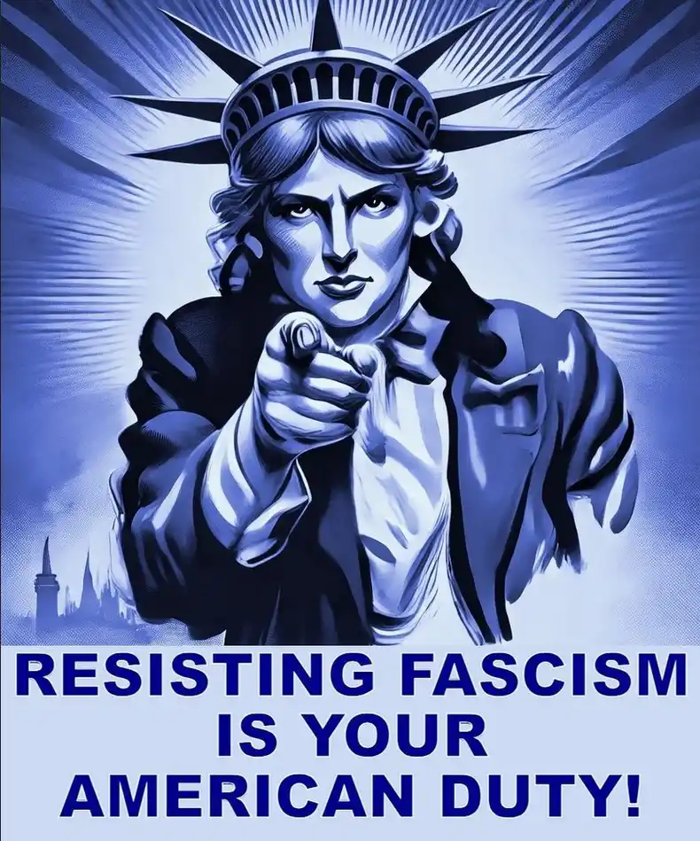 A stylized, blue-toned image of the Statue of Liberty pointing directly at the viewer with a stern expression, set against a…