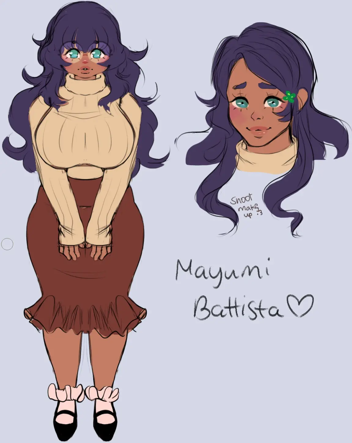 Two anime-style illustrations of a character named Mayumi Battista are shown side-by-side: a full-body view of her wearing a…