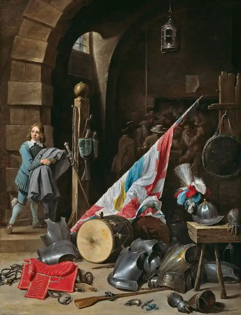 A classical painting depicts a young boy in 17th-century attire holding a cloak, standing beside a chaotic pile of discarded…